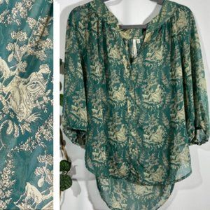 Bellatrix Green Toile Forest Deer Print Blouse XS